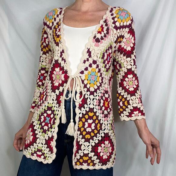 Johnny Was crochet granny square knit cardigan sweater tie front stevie - Picture 14 of 14